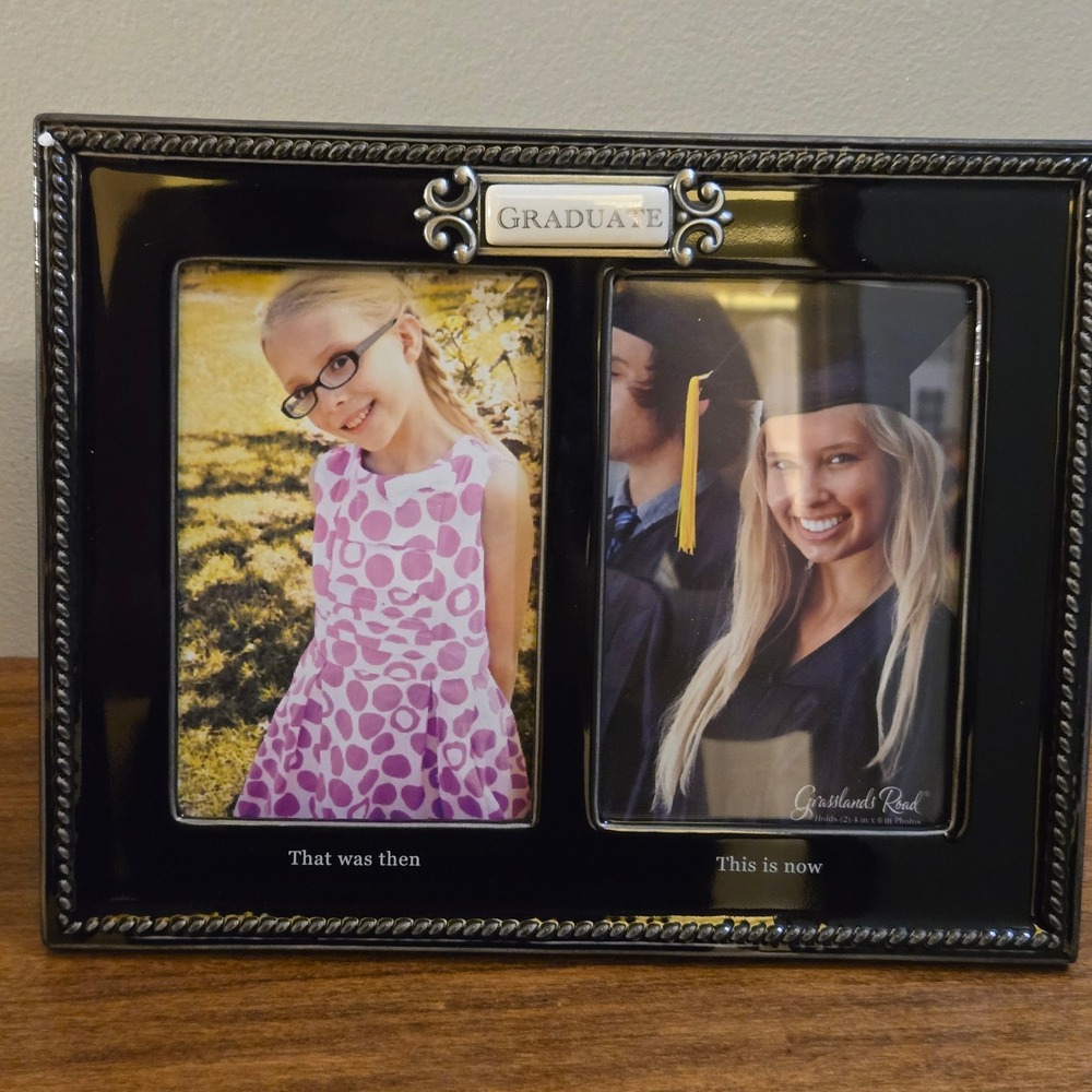Grasslands Road Graduate Then and Now Ceramic 4x6 Double Photo Frame Black